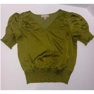 Philosophy Republic Clothing Green V Neck Top Smocked Waist Puff Sleeve Size Med